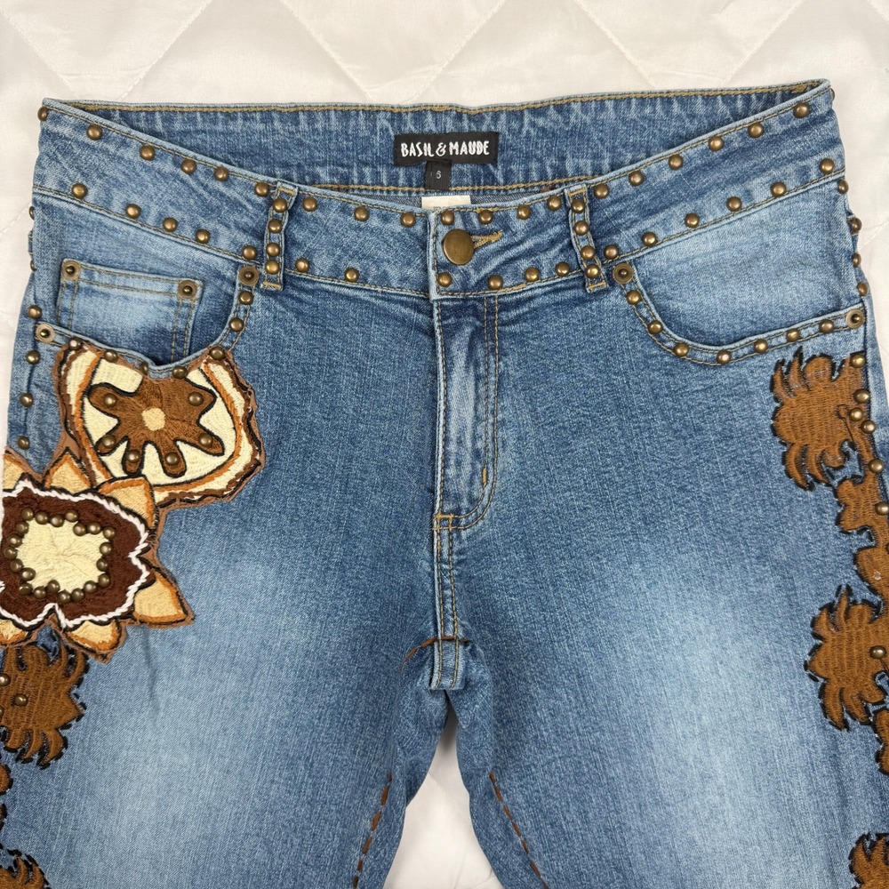 Basil & Maude Jeans Womens 6 Blue Embroidered Studded Y2K Low Rise Bootcut Long - Picture 4 of 14